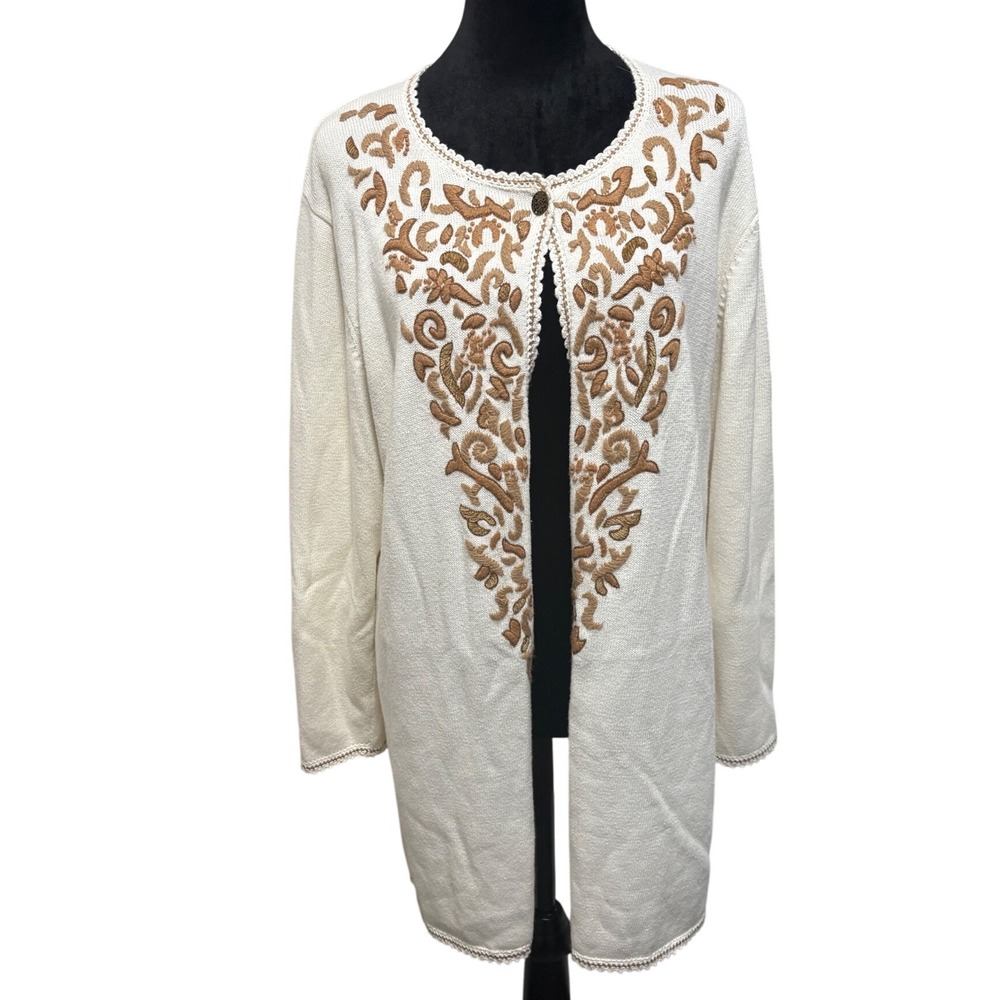 Coldwater Creek Womens 1X Open Front Cardigan Sweater Cream Embroidered Button